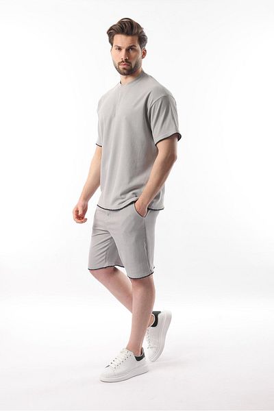 Madmext Painted Gray Embroidery Detailed Men's Shorts T-Shirt Set E7305