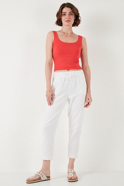 Lela Pantaloni scurti din bumbac cu talie înaltă cu aspect de in PANTALONI 668YP5134