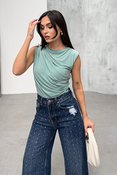 LACHT Women's Mint Button Detailed Zero Sleeve Sandy Luxury Blouse