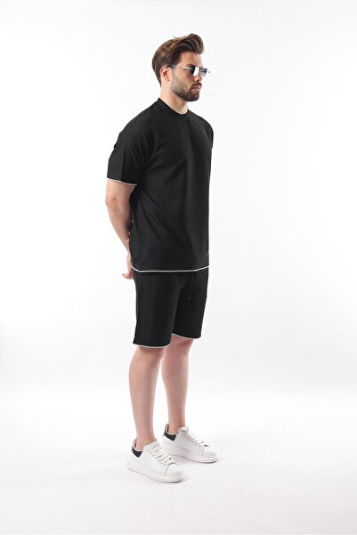 Madmext Siyah Nakış Detaylı Erkek Şort T-shirt Takım E7305