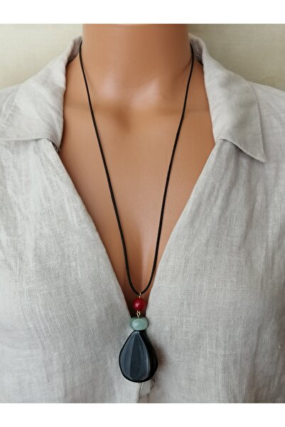 LemaStone Doğal taşlı deri kolye :Yeşil aventurin,Kahve akik ,lal garnet taşları