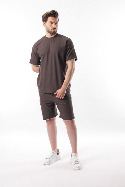 Madmext Καφέ Κέντημα Λεπτομερές Ανδρικό Σορτς T-shirt Σετ E7305