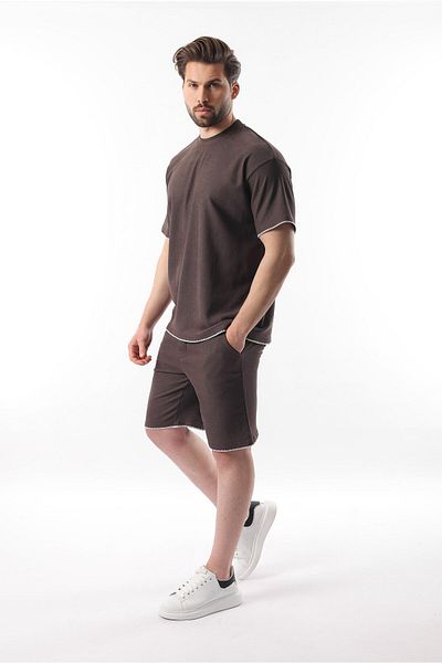 Madmext Καφέ Κέντημα Λεπτομερές Ανδρικό Σορτς T-shirt Σετ E7305