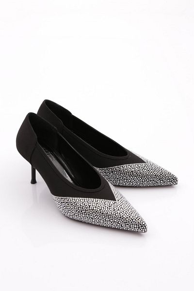 DGN Women's Pointed Toe Heeled Shoes Black Satin Silver Stone 28923557