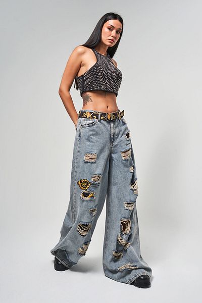 its basic Blugi de damă, culoare ruptă, cu design cu centură, blugi din denim Palazzo Fit