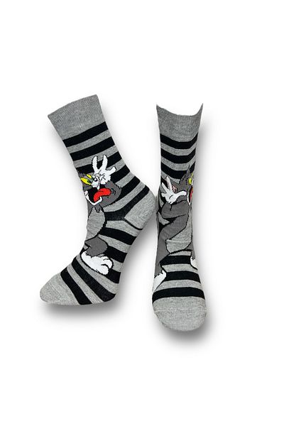 Mevo Single Unisex Gray Color Cartoon Character Stretchy Moisture Cotton Socks