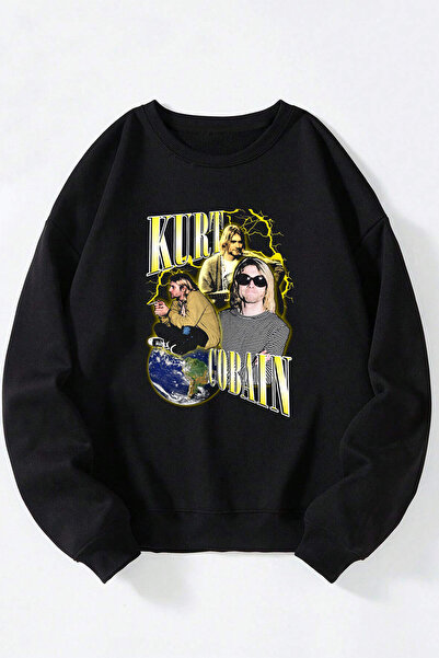 Anetos Μπλουζάκι Kurt Cobain Unisex από βαμβακερό μαύρο φούτερ με λαιμόκοψη