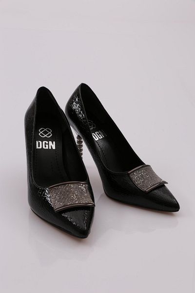 DGN Black Snake Patterned Women's Heeled Shoes with Square Buckle - 10282621