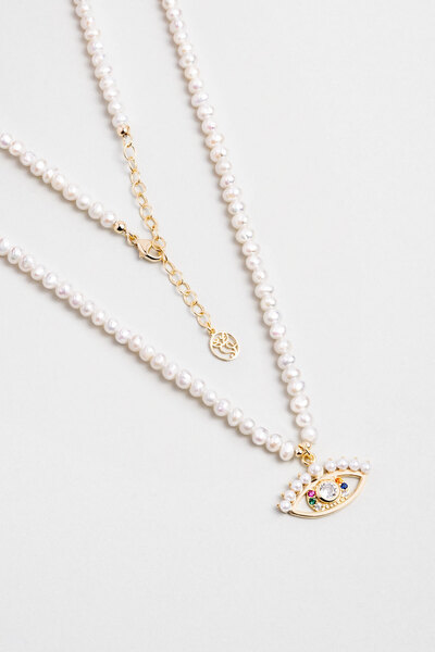 So CHIC... Mistik Göz 18 Ayar Sarı Altın Kaplama 44 Cm Gümüş İnci Kolye