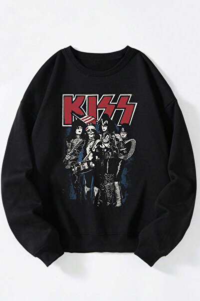 Anetos Kıss Grup Unisex Negru Guler Rotund Bumbac Sweatshirt