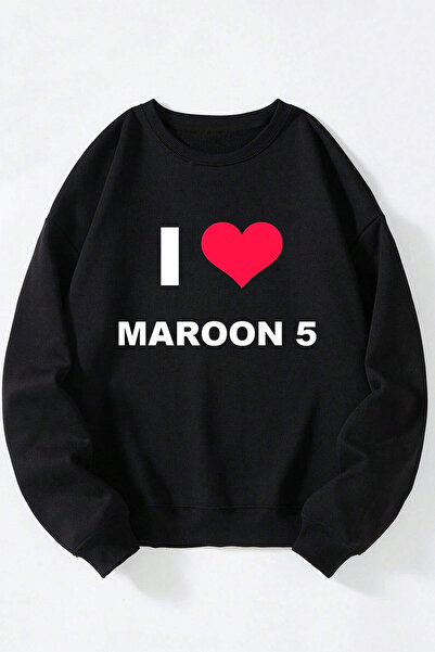 Anetos I Love Maroon 5 Unisex Negru Guler Rotund Pulover din Bumbac