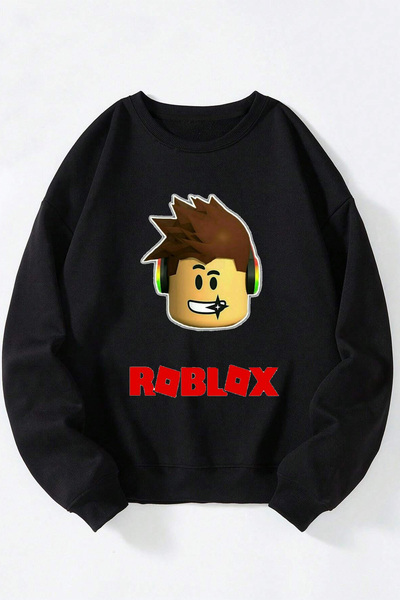 Anetos Sweatshirt unisex cu guler rotund din bumbac Roblox Face negru