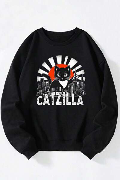 Anetos Catzılla Unisex Negru Guler Rotund Bumbac Sweatshirt