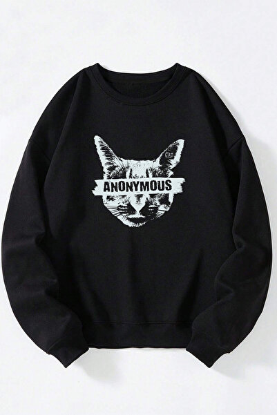 Anetos Anonymous Cat unisex negru guler rotund pulover din bumbac