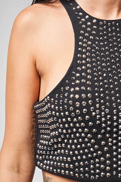 its basic Women's Black Halter Neck - Shiny Neckline Stone Crop Top