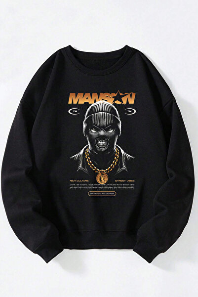 Anetos Mansıow Unisex Negru Guler Rotund Bumbac Sweatshirt