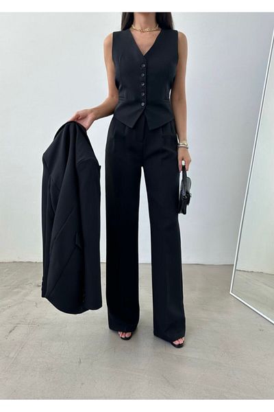 Bella Breeze Women Blazer Jacket Vest Palazzo Pants 3 Piece Suit