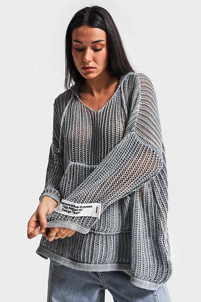 its basic Women's Anthracite Color Loose Cut Thin Hole Openwork Hooded Design Knitwear