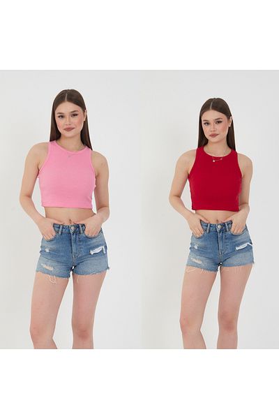 Wearflawless Γυναικεία 2 τεμάχια Πλεκτό Βαμβακερό Πλεκτό Μπλουζάκι Καμισόλα Crop Μπλούζα