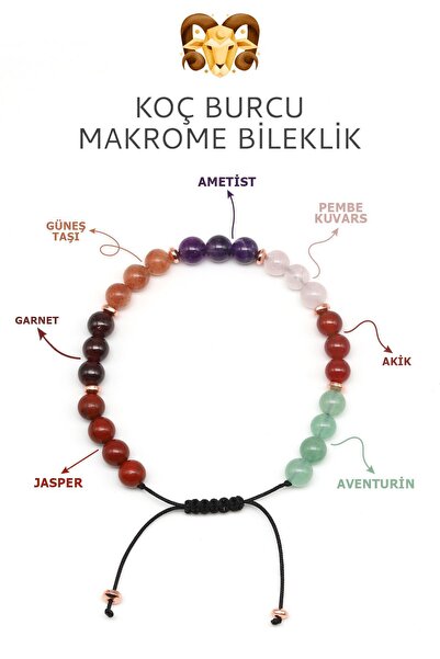 Alibaba Doğaltaş Koç Burcu Taşlarından Oluşan Doğal Taş Makrome Bileklik 6 mm...