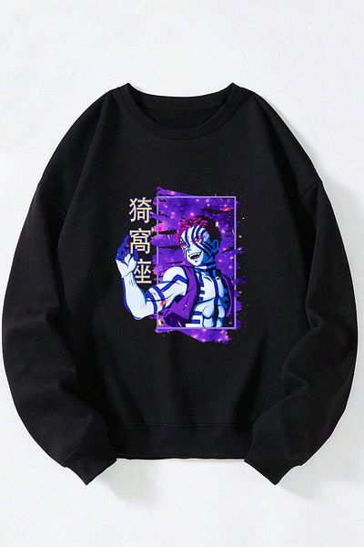 Anetos Demon Slayer Akaza Unisex Black Crew Neck Cotton Sweatshirt