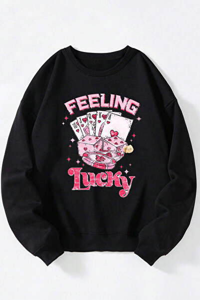 Anetos Feelin Lucky With Pocker Unisex Μαύρο φούτερ από βαμβακερό λαιμόκοψη