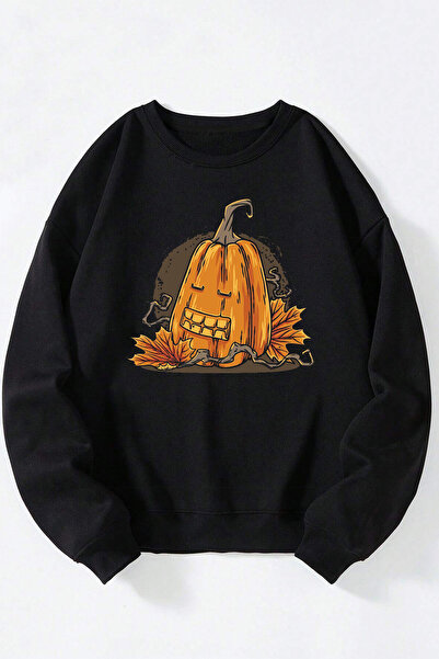 Anetos Sleepy Pumpkin unisex negru guler rotund bumbac sweatshirt