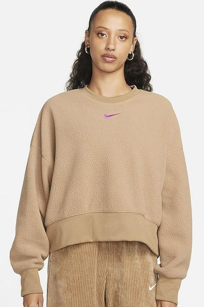 Nike Дамски суитшърт Sportswear Plush Mod Crop Crew, кафяв, с широка талия и плюш, млечен кафяв