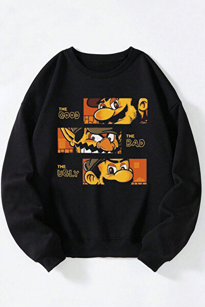 Anetos Mario Face unisex negru guler rotund bumbac Swea tricou