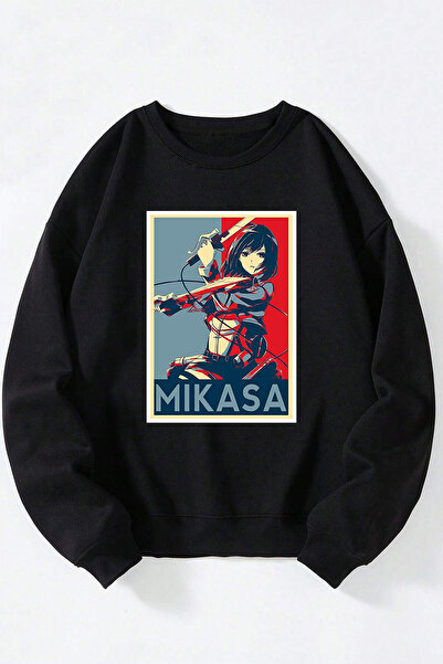 Anetos Hanorac unisex negru cu guler rotund din bumbac cu poster Mikasa