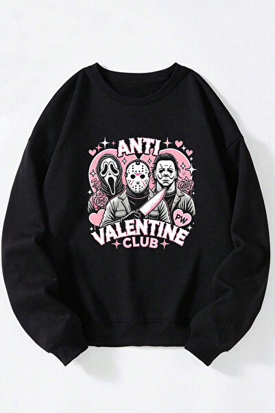 Anetos Φούτερ από βαμβάκι με λαιμόκοψη, μαύρο, Unisex, Anti Valentine Clup