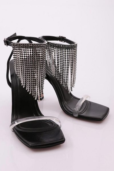 DGN 2042 Pantofi cu toc cu ciucuri de piatră cu curele la gleznă, negru metalic
