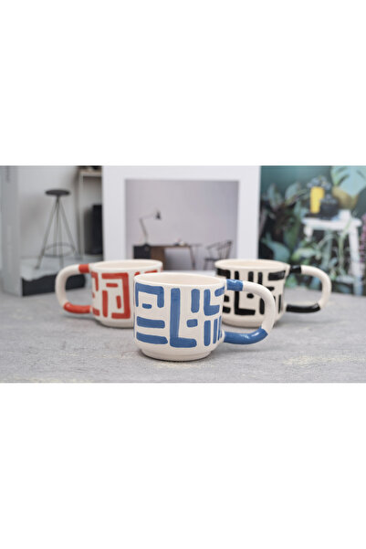 Melouro Set of 3 Handmade Ceramic Mug, Cups with Black, Red and Blue Calligraphy Handles