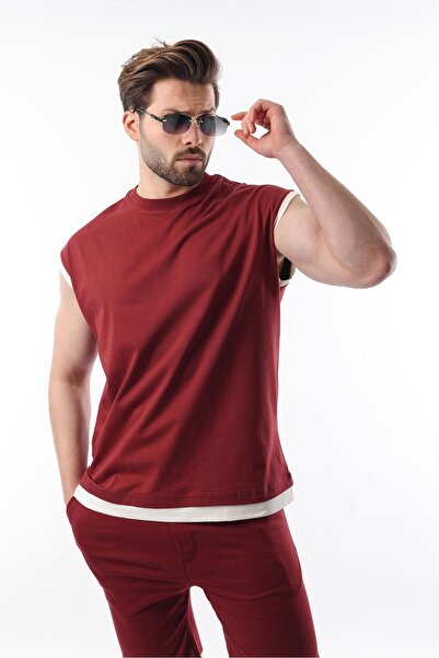 Madmext Burgundy Zero Sleeve Men's Shorts T-Shirt Set E7308