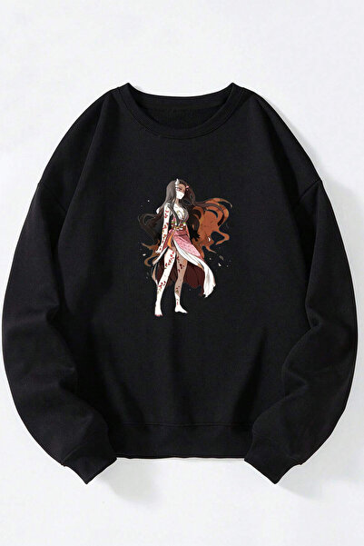 Anetos Demon Slayer Demon Nezuko Unisex Negru Guler Rotund Bumbac Sweatshirt