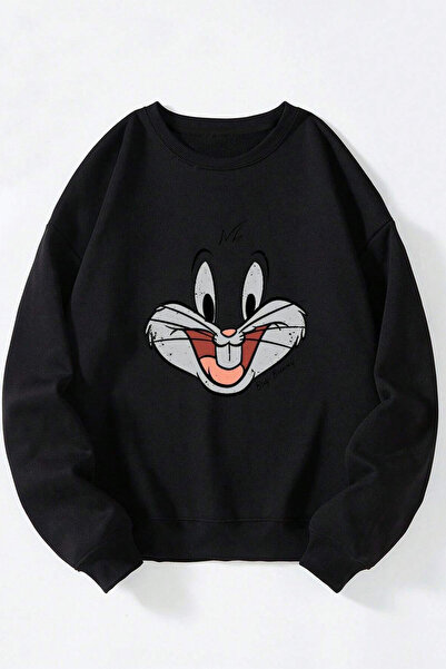 Anetos Bugs Bunny Face Unisex Negru Guler Rotund Bumbac Sweatshirt