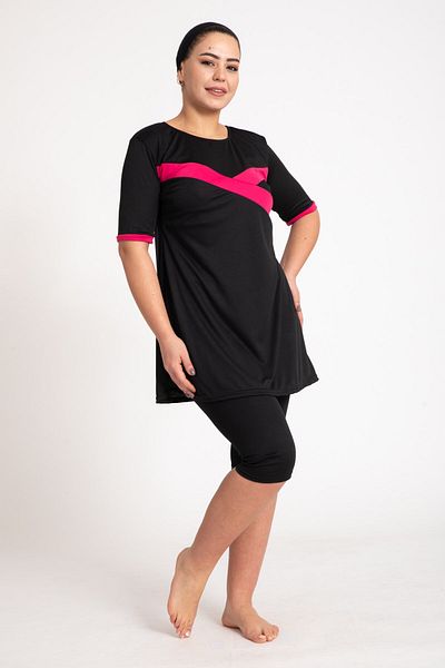 Pemilo Women's 670 Plus Size Short Sleeve Tights Hijab Swimsuit Black