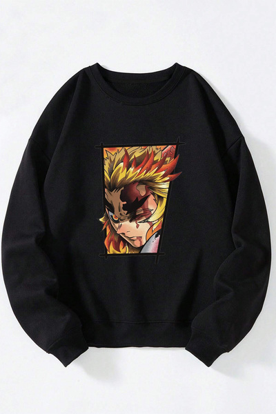 Anetos Φούτερ Rengoku Face Unisex Μαύρο από βαμβακερό λαιμόκοψη