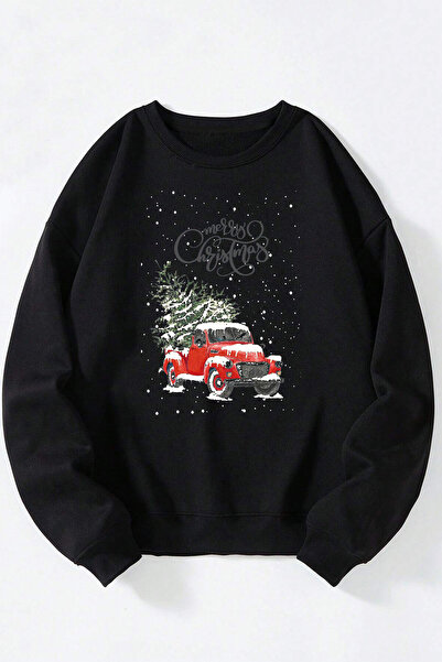 Anetos Merry Christmas Car Unisex negru guler rotund bumbac Sweatshirt