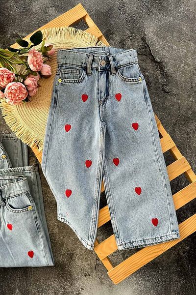 Minigimin Cicileri My Little One's Heart Embroidered Pocket Girl's Denim Trousers - Light Blue