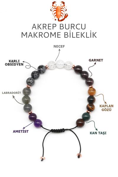 Alibaba Doğaltaş Akrep Burcu Taşlarından Oluşan Doğal Taş Makrome Bileklik 8 mm Küre Kesim - Burç Bilekliği