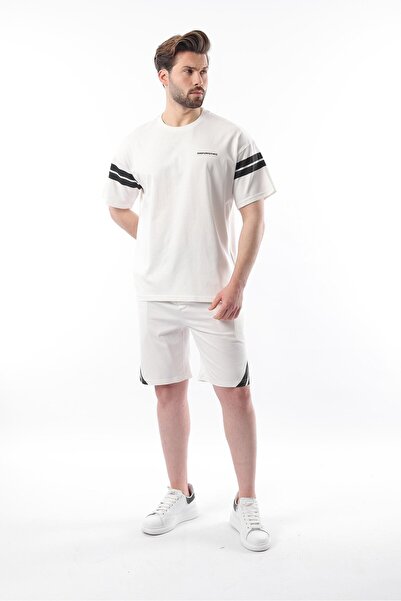 Madmext Ekru Şerit Detaylı Erkek Şort T-shirt Takım E7301