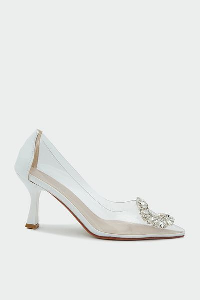 LamintaGlobal Mia White Transparent Stone Women's Heeled Shoes