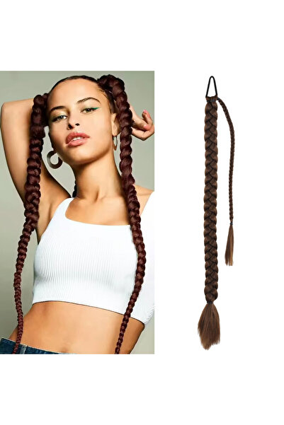 Mina Peruk Üçlü Örgülü Tokalı Bağlamalı At Kuyruğu - Açık Kahve