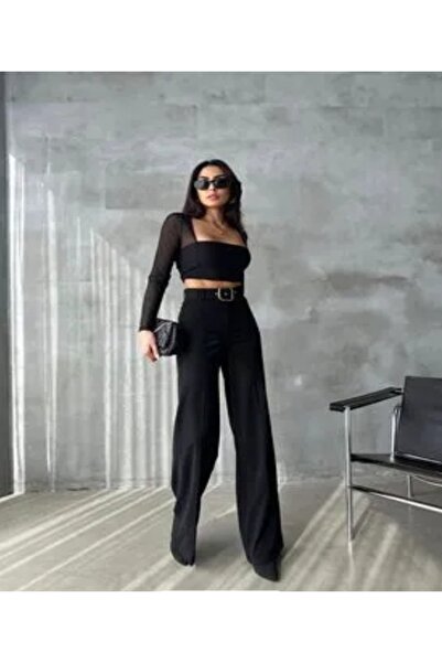 MODA Siyah kemerli paloza kesim bol paça pantolon