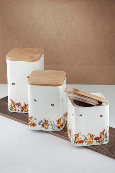 Bursa Porselen Dekor Rabbit 3-Pack Vacuum Porcelain Spice Jar with Bamboo Lid