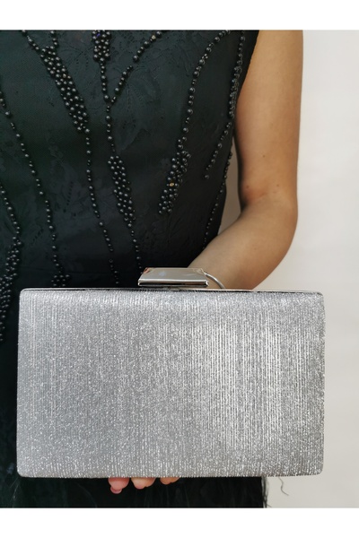 BEEGİ CONCEPT Women's Laser Silver Evening Dress Clutch Night Chain Wedding Bag