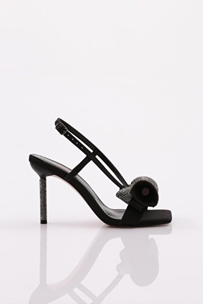DGN 0365 Women's Flat Toe Ribbon Detailed Heels Black Matte Satin