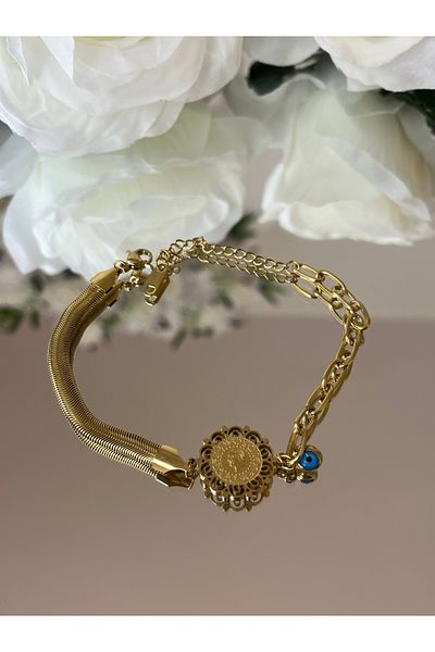 RENGARENG Gold Quarter Gold Steel Bracelet 19cm Additional 5cm