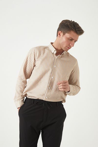 JR Boutique Ανδρικό ριγέ μακρυμάνικο πουκάμισο Slimfit - Μπεζ